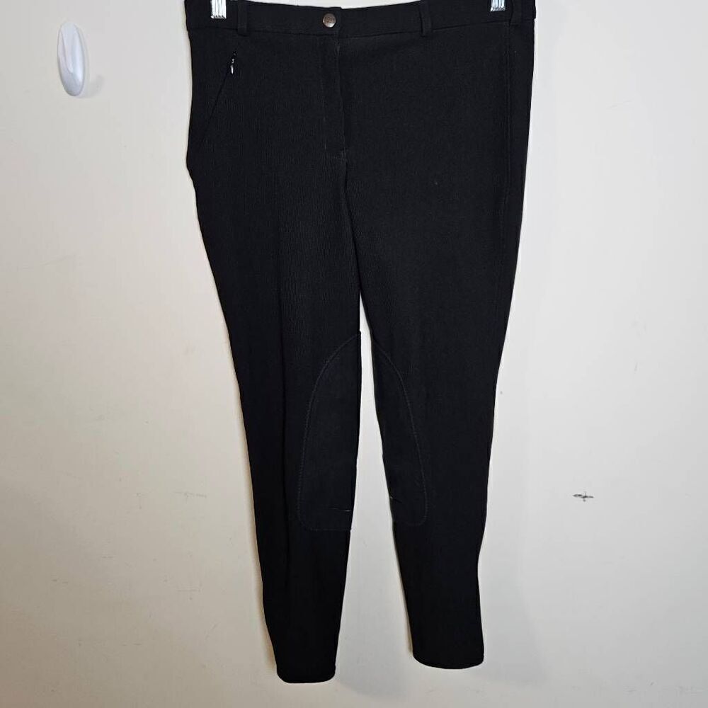 TuffRider Front Zip Knee Patch Breeches Ribbed Low Rise Black Waist 30